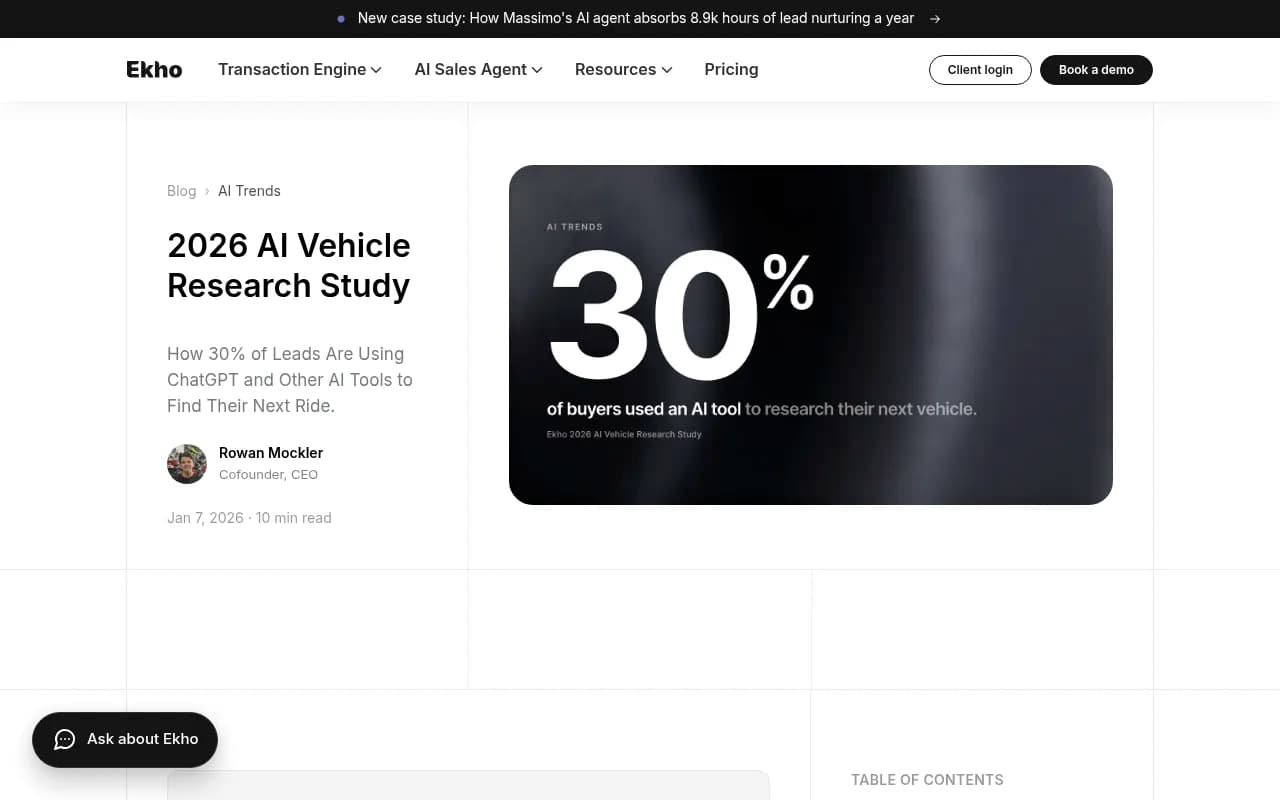 2026 AI Vehicle Research Study homepage from Ekho showing how buyers use ChatGPT to research vehicles