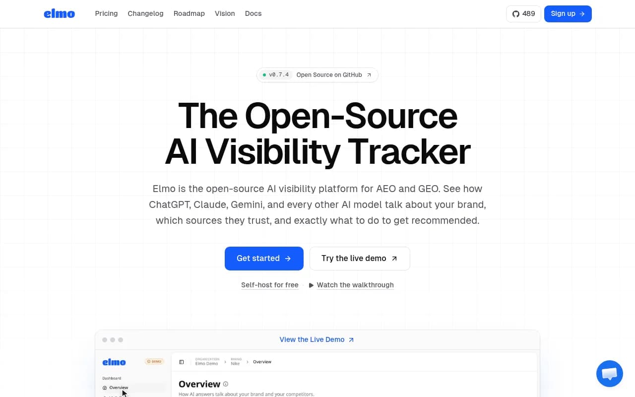 Elmo homepage showing the open-source AI visibility tracker and its self-host option