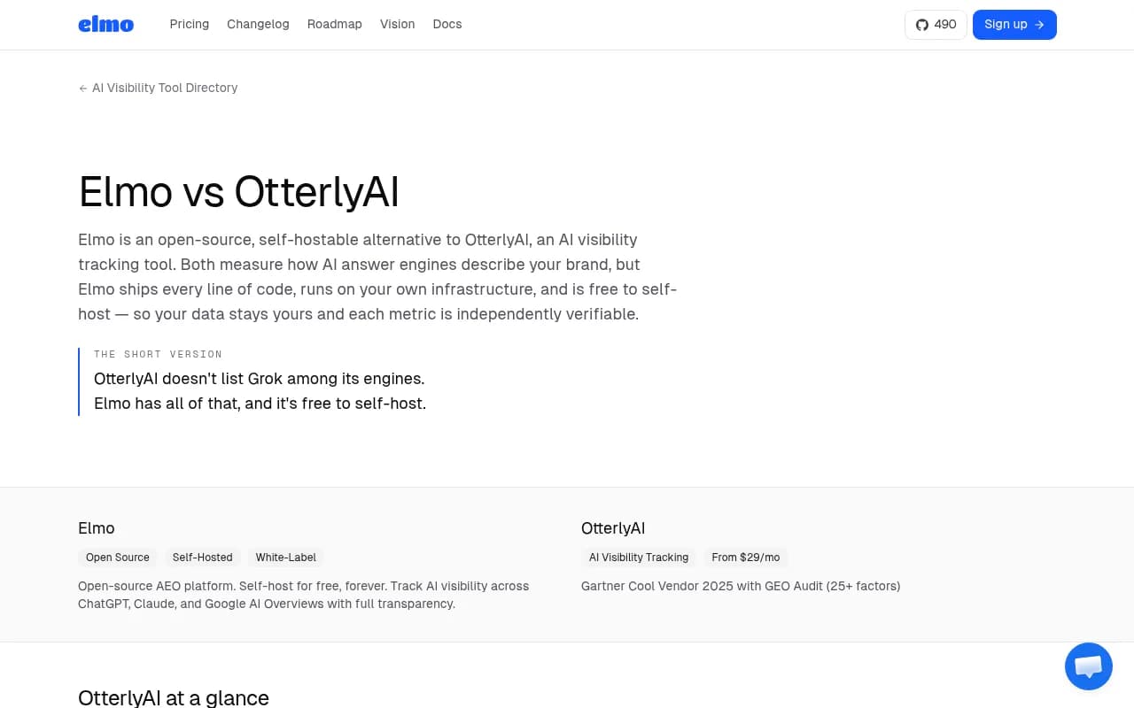 Elmo's comparison page screenshot with feature table against OtterlyAI