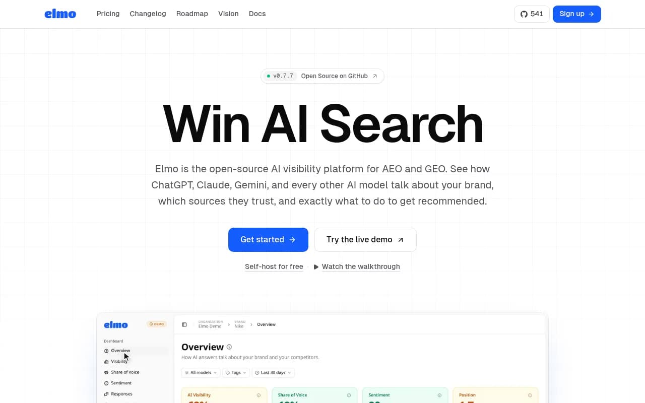 Elmo homepage showing the open-source AI visibility tracker and its dashboard pages
