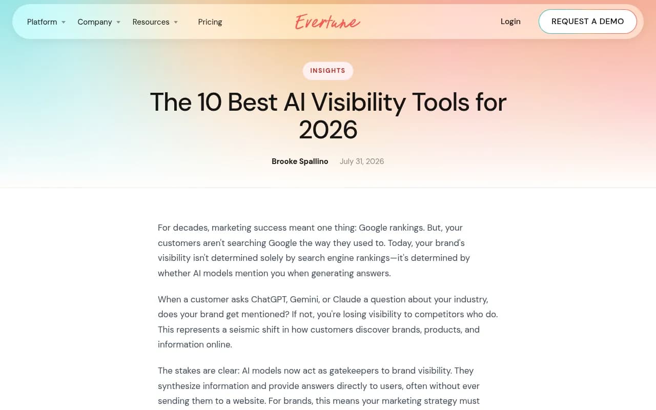 Evertune's matrix of AI visibility tools by monitoring, content and advertising features