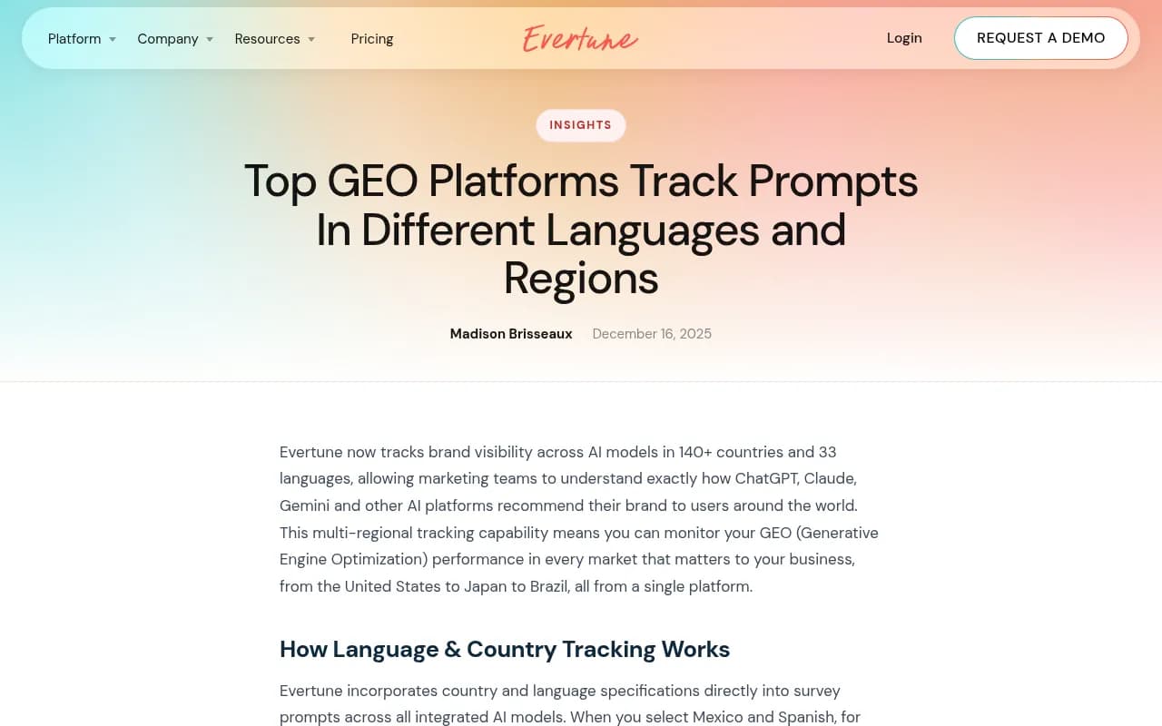 Evertune's explanation of how it tracks prompts by language and country