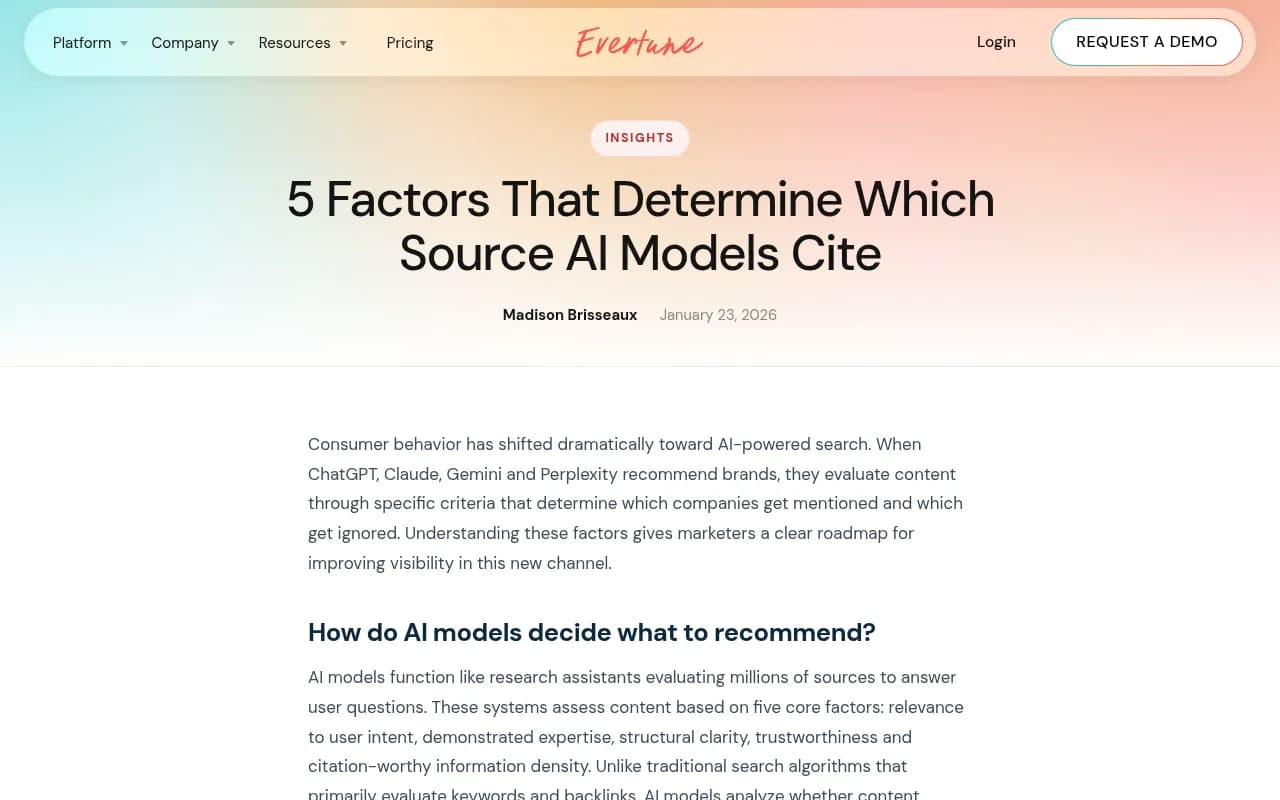 Evertune's article on five factors that determine which sources AI models cite