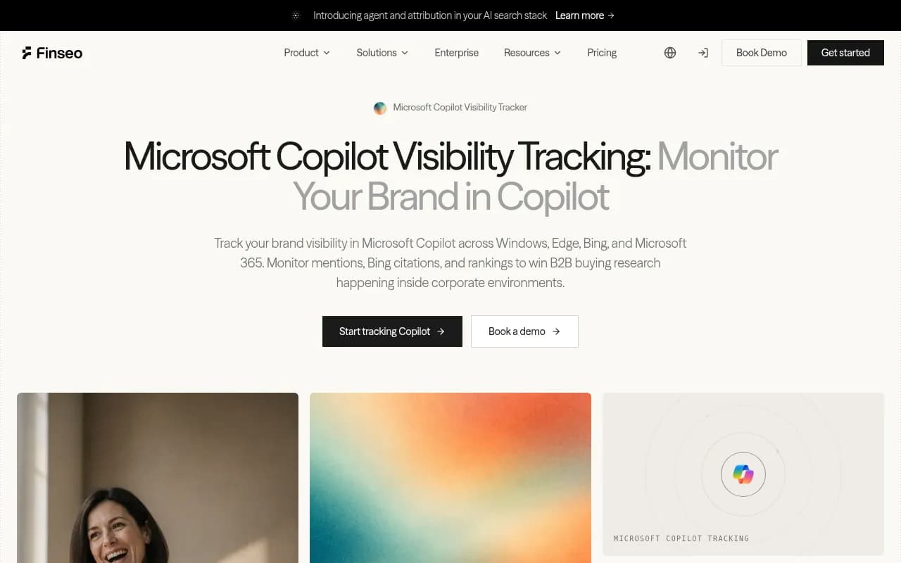 Finseo dashboard tracking Microsoft Copilot brand mentions, visibility percentage, and sentiment across Windows, Edge, Bing, and Microsoft 365