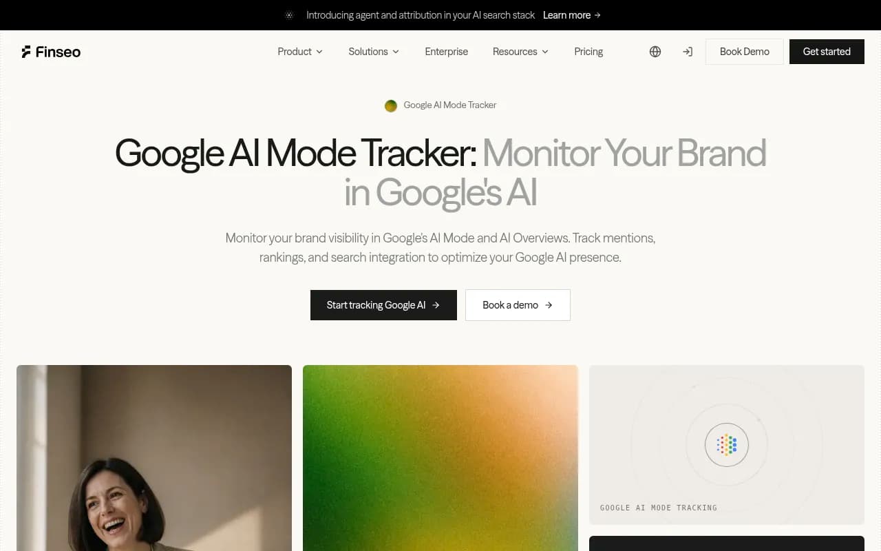 Finseo's Google AI Mode visibility dashboard showing visibility percentage, mentions per month, and a competitor source breakdown
