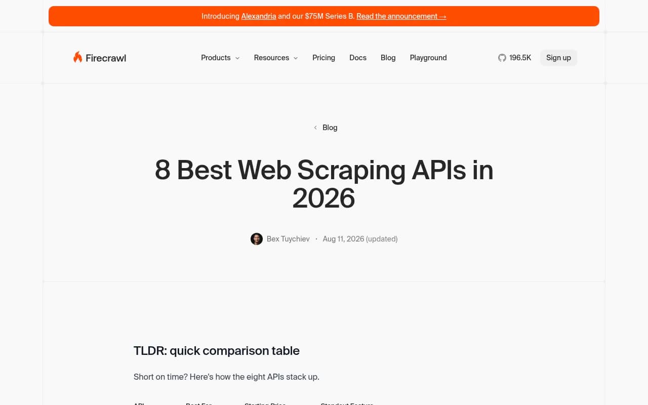Firecrawl's comparison of web scraping APIs, showing proxy, SDK and output differences