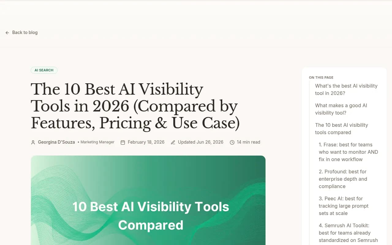 Frase.io's 2026 comparison of AI visibility tools, showing how platforms differ on monitoring vs. action capabilities