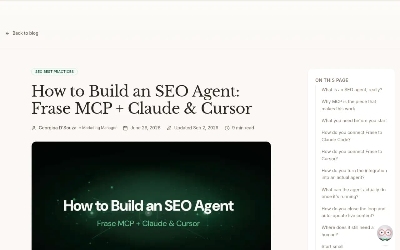 Frase's blog post showing how to connect its MCP server to Claude Code and Cursor to build an SEO agent