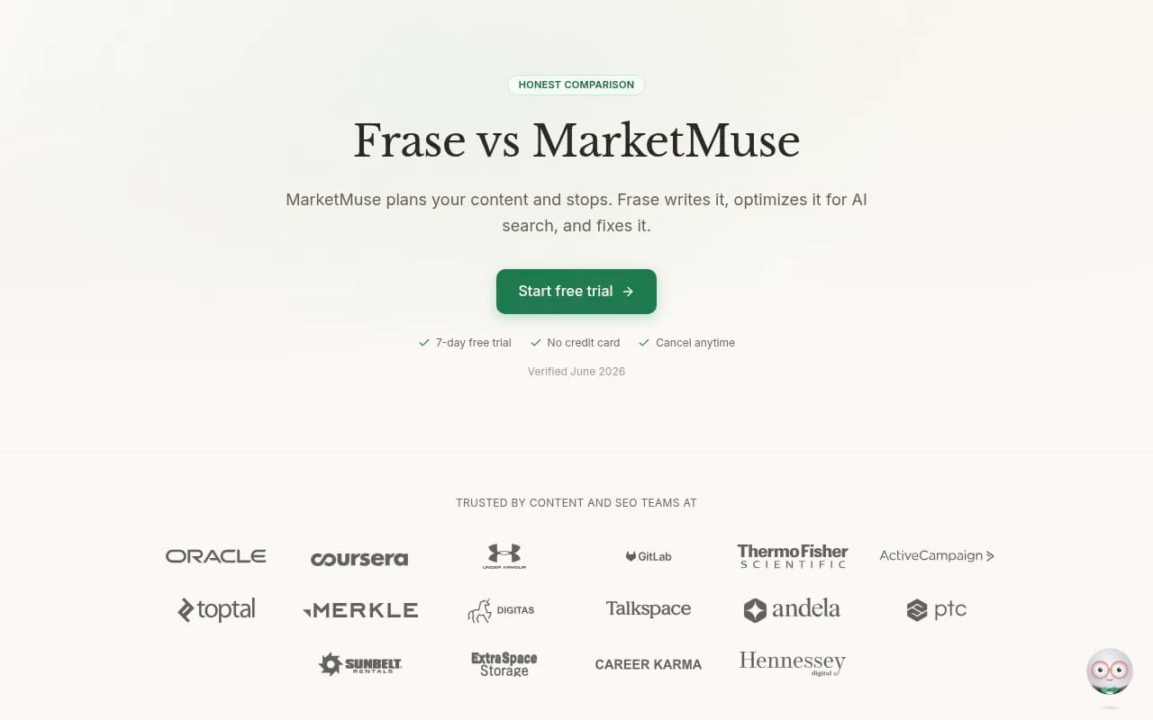 Frase's comparison page against MarketMuse, showing its create-optimize-monitor-fix positioning
