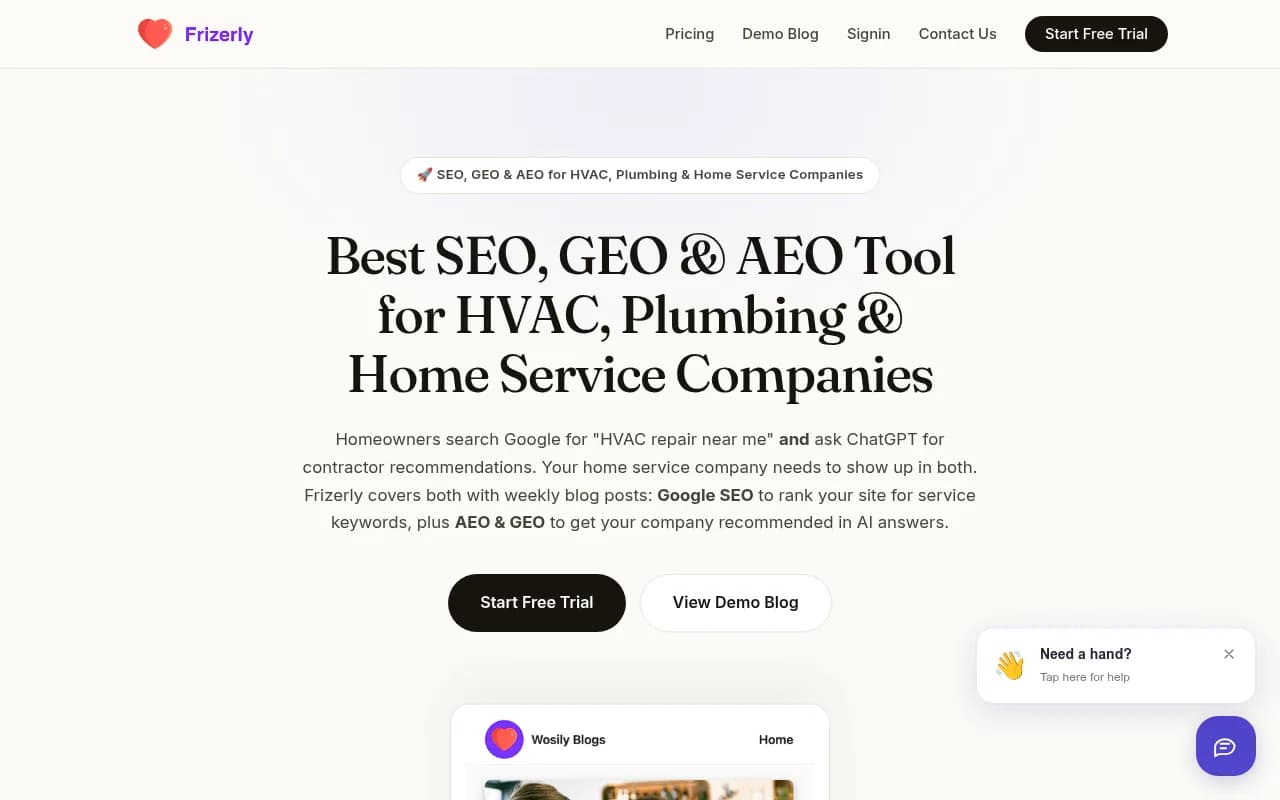 Frizerly's page for HVAC, plumbing and home service companies, a vendor-written pitch for auto-published blog content