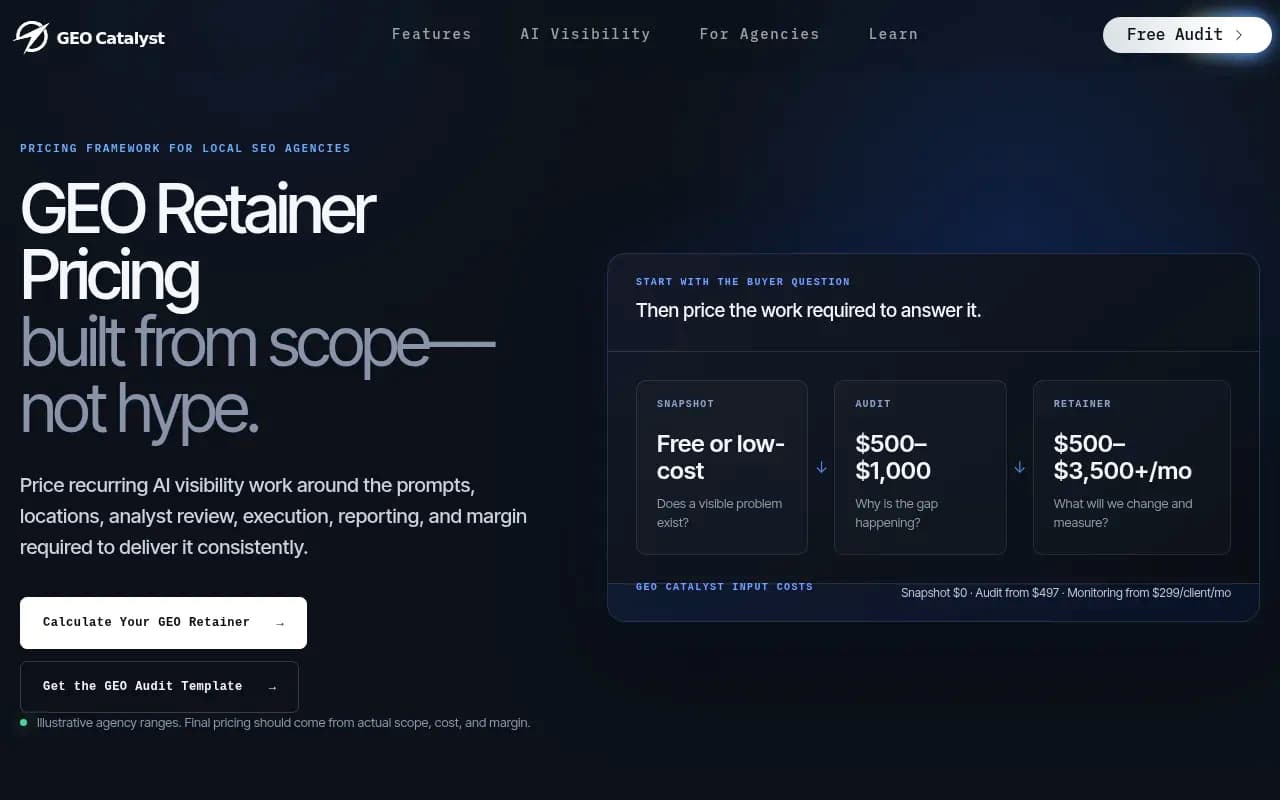 GEO Catalyst's retainer framework ties pricing to prompt volume, locations, and execution depth rather than a flat monthly number