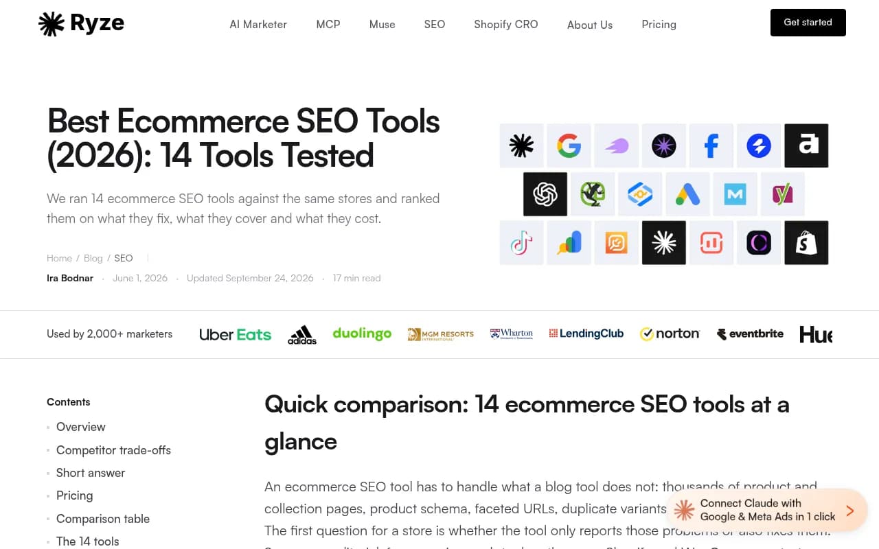 Ryze AI's 2026 ecommerce SEO tool roundup, which ranks 14 tools with its own product first
