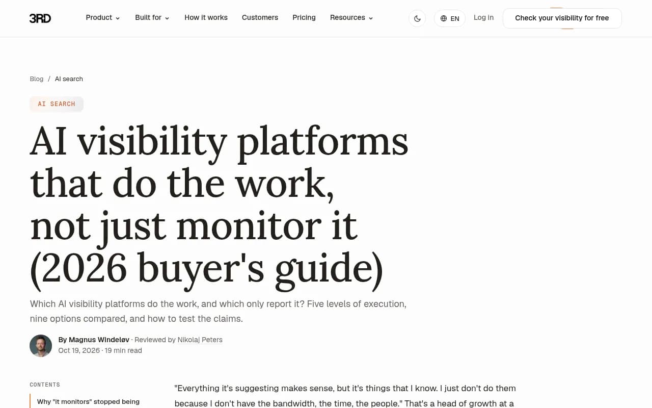 3RD's buyer's guide breaking down five levels of execution across nine AI visibility platforms