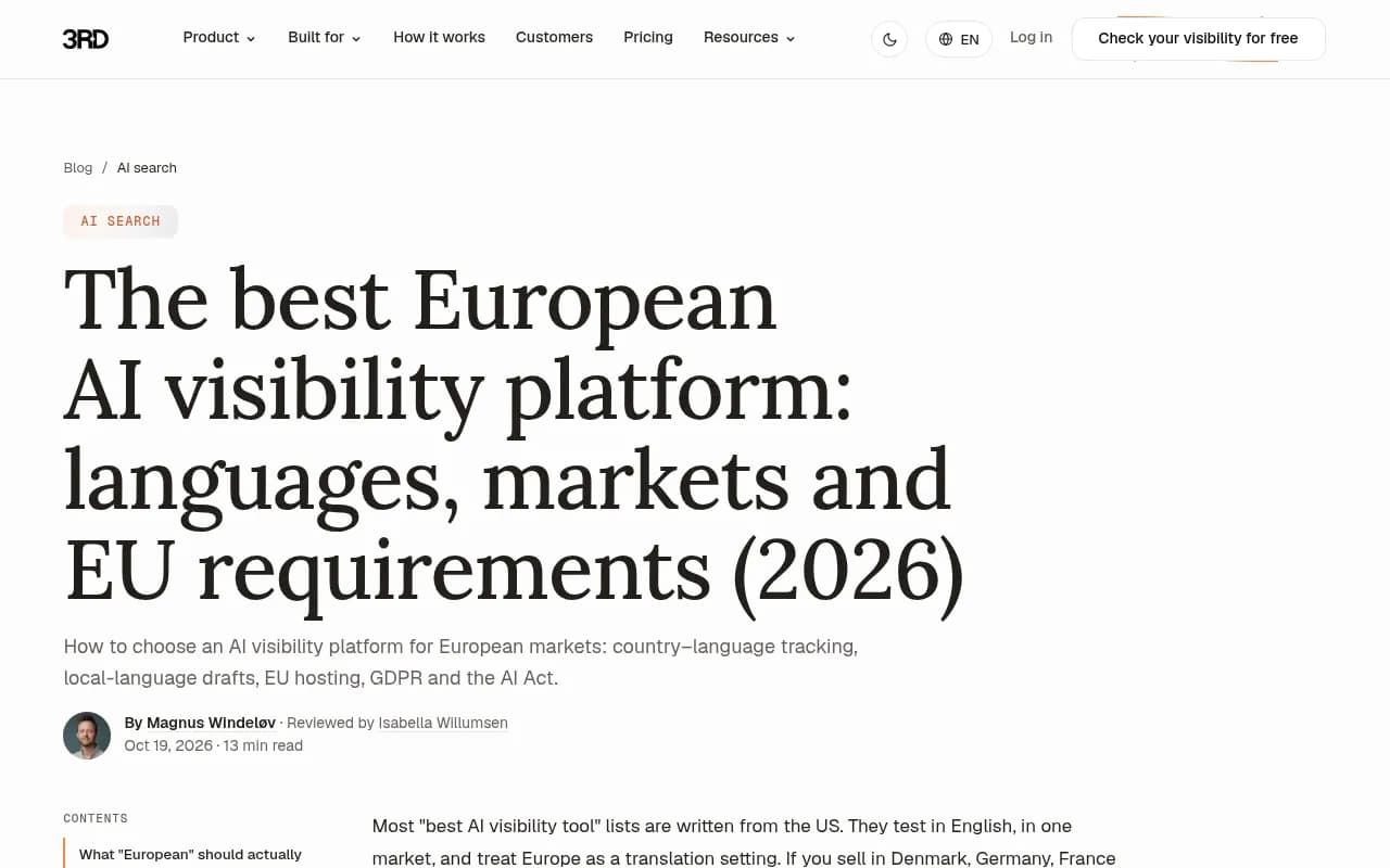 The 3RD guide to choosing an AI visibility platform for European markets, covering country-language tracking, EU hosting and GDPR