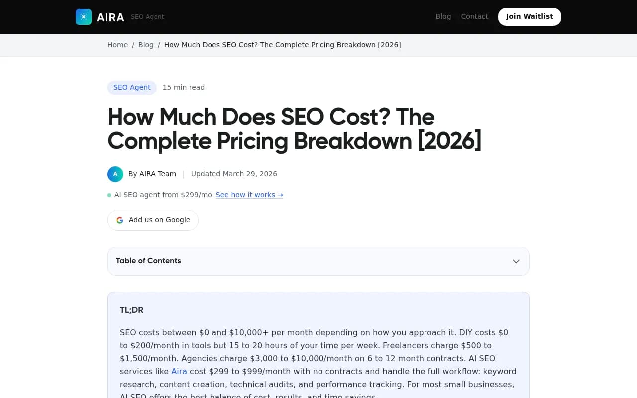Aira's pricing guide comparing DIY, freelancer, agency and AI SEO monthly costs