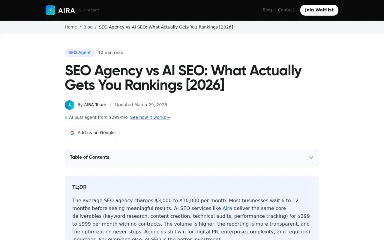 Aira's comparison of SEO agencies and AI SEO services
