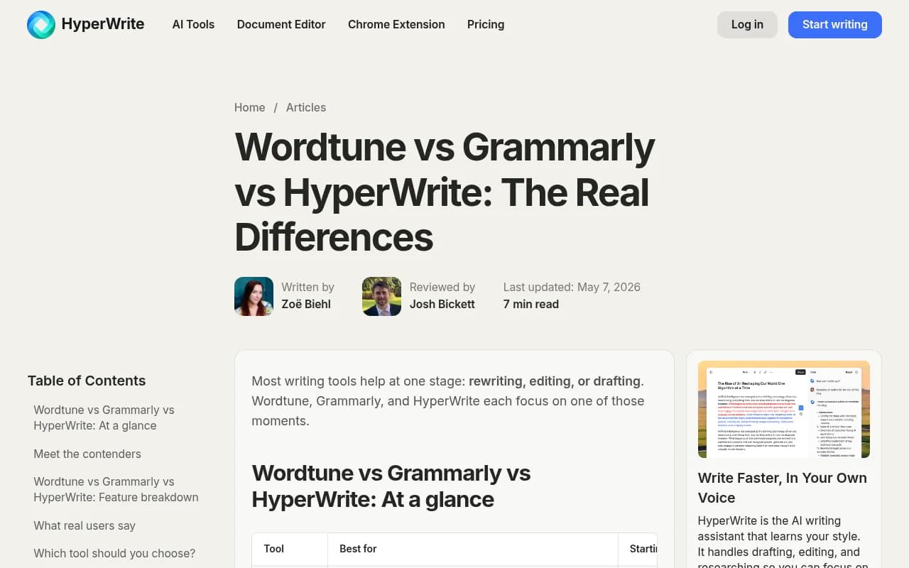 HyperWrite's own comparison article on its blog, which is vendor-authored and should be read with that in mind.