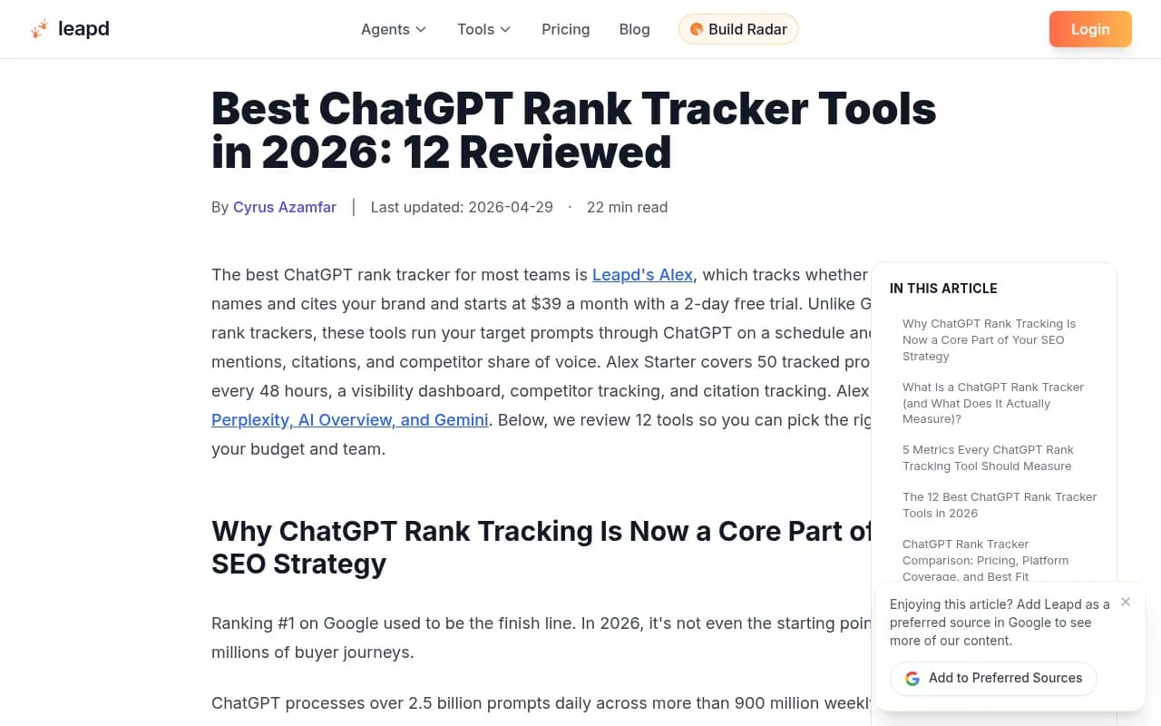 Leapd's roundup of 12 ChatGPT rank trackers, a vendor-authored list that ranks its own product first
