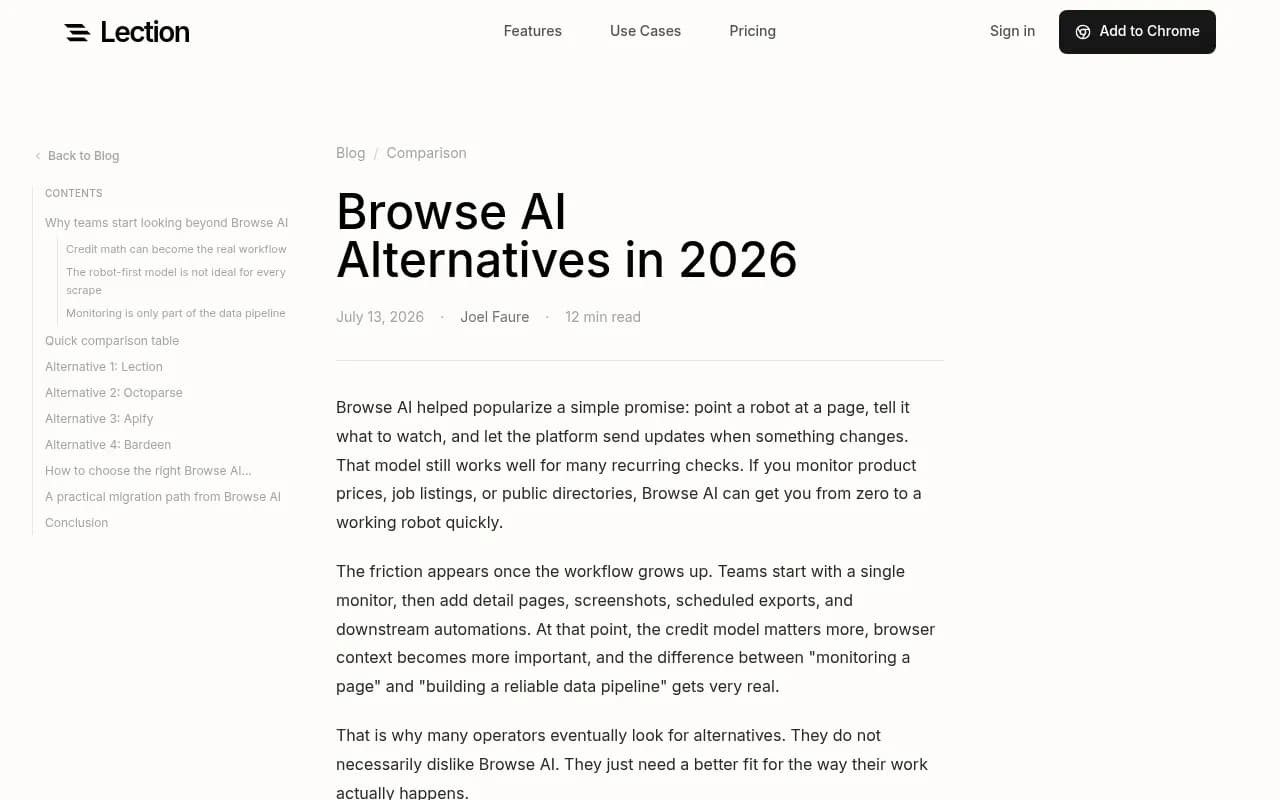 Lection's Browse AI alternatives comparison, covering credit math and where robot-first scraping gets awkward