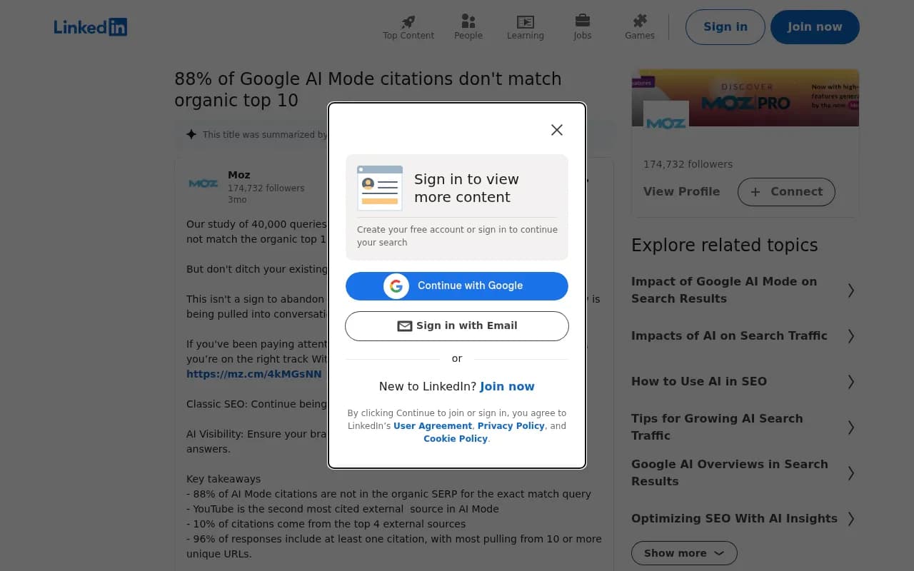Moz LinkedIn post showing their study finding that 88% of Google AI Mode citations don't match organic top 10 results