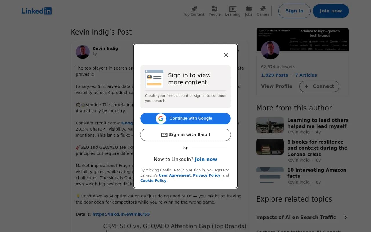 Kevin Indig's LinkedIn analysis comparing Google rankings to ChatGPT visibility