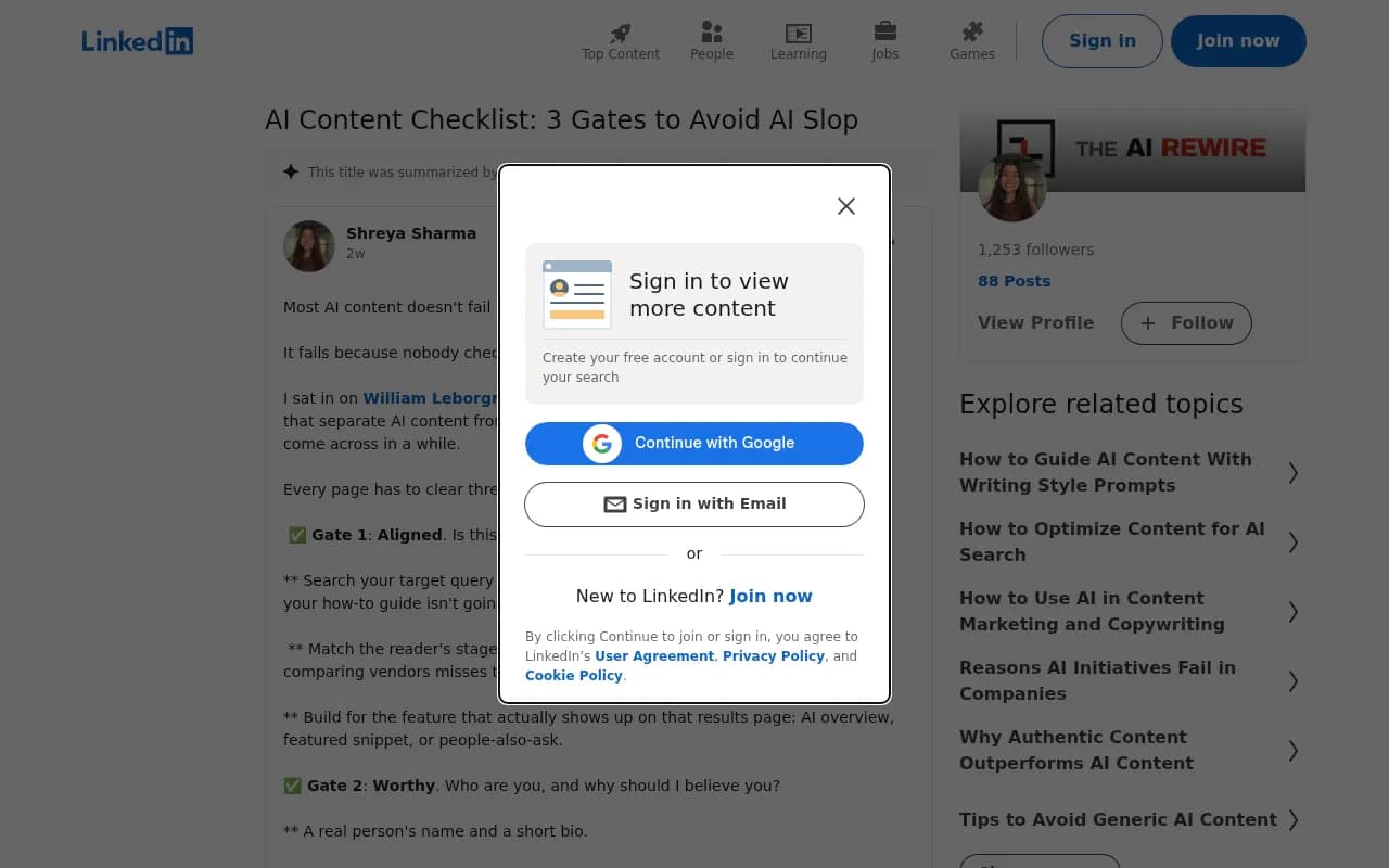 A LinkedIn post explaining that AI content fails because nobody checks it against anything before publishing
