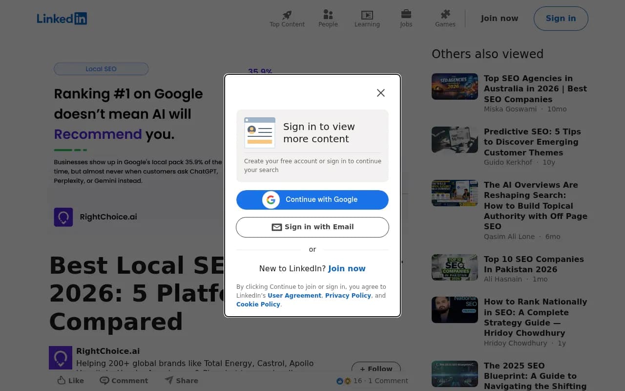 LinkedIn article comparing five local SEO platforms in 2026
