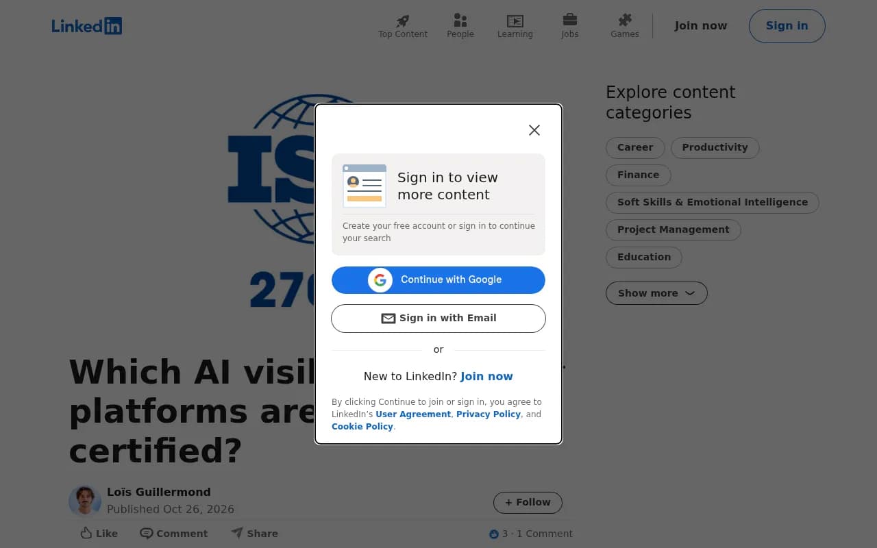LinkedIn article summarizing which AI visibility platforms hold ISO 27001 certification