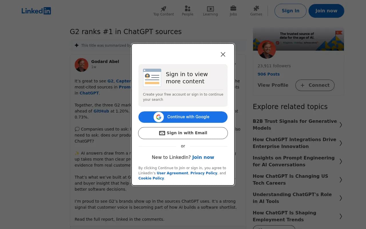 Godard Abel LinkedIn post about G2 ranking first among ChatGPT sources