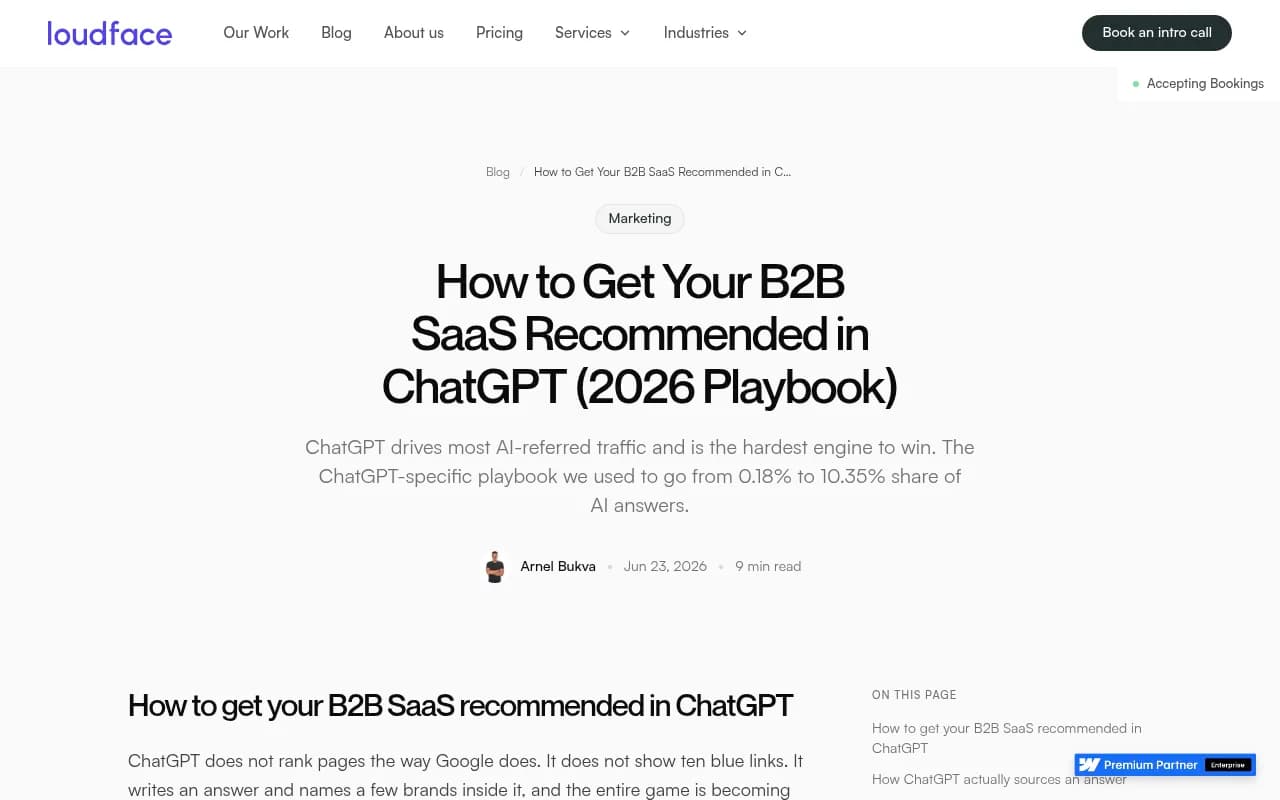 LoudFace's 2026 ChatGPT ranking playbook showing how B2B SaaS teams approach AI citation strategy