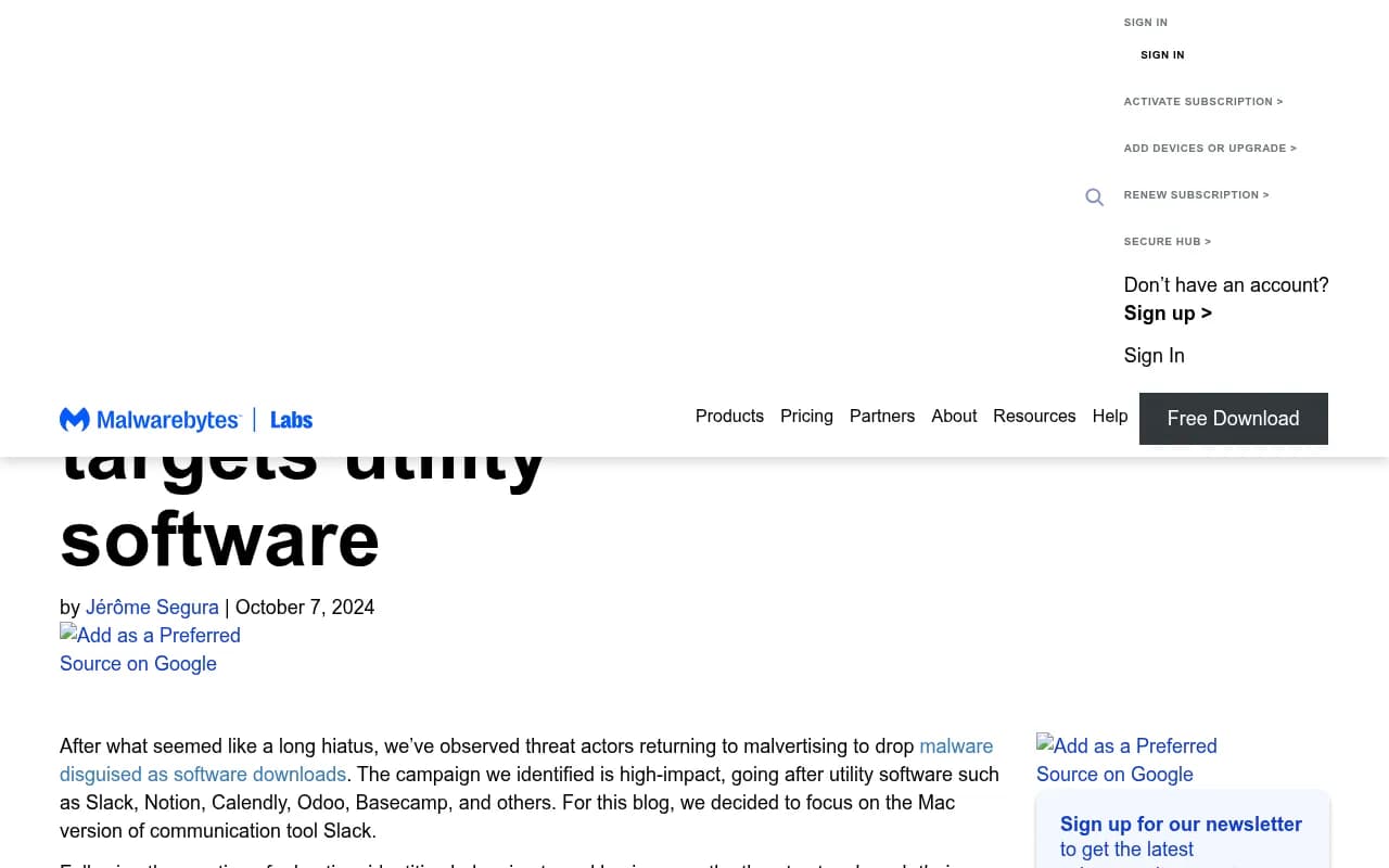Malwarebytes research post on a large-scale Google Ads campaign targeting utility software