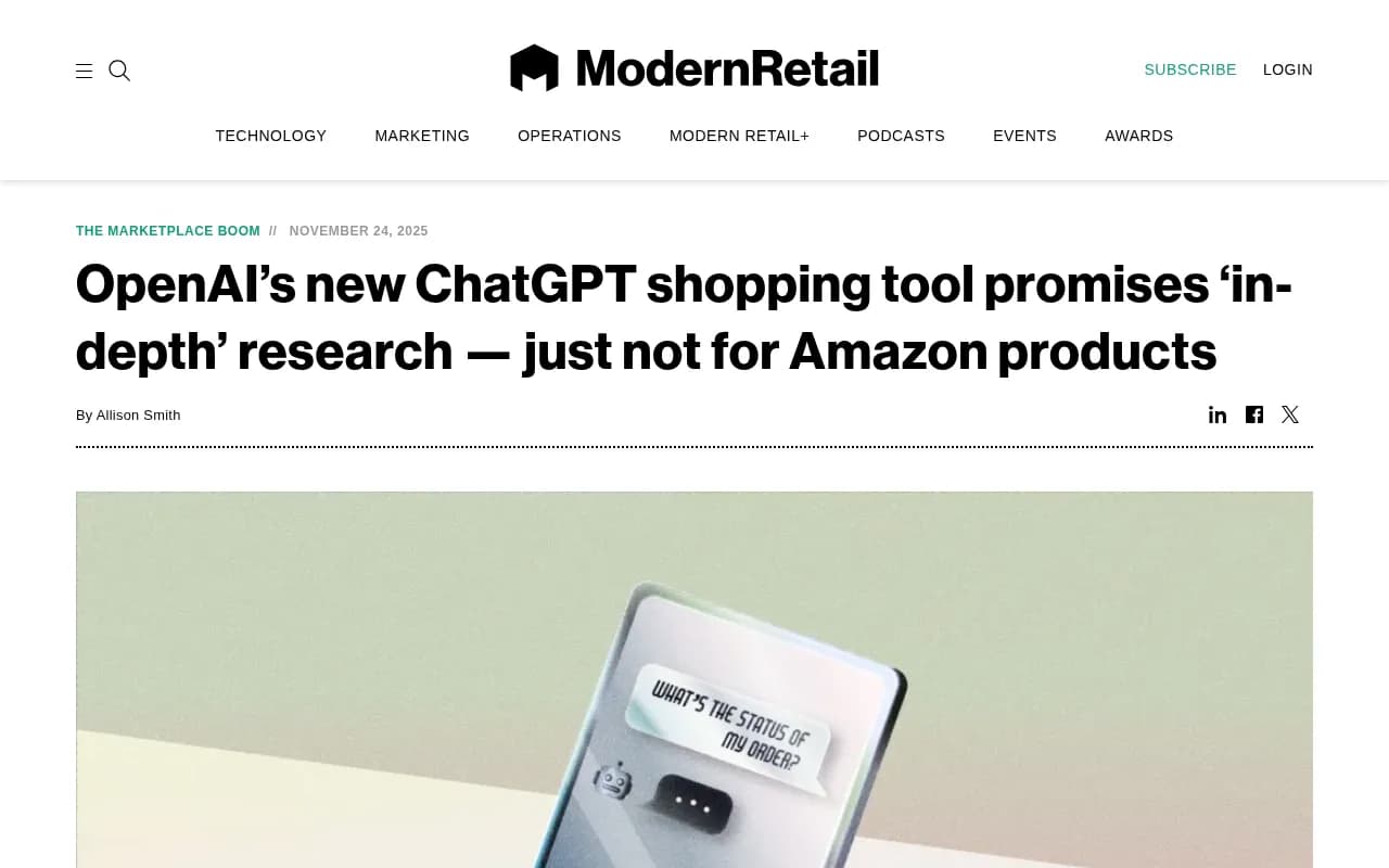 Modern Retail's coverage of ChatGPT Shopping Research, noting the unsponsored and relevance-ranked nature of product recommendations