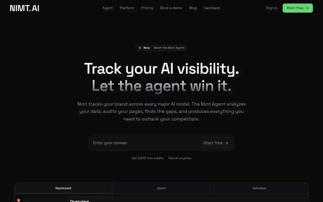 Nimt.ai dashboard showing AI visibility metrics, share of voice, and competitor rankings