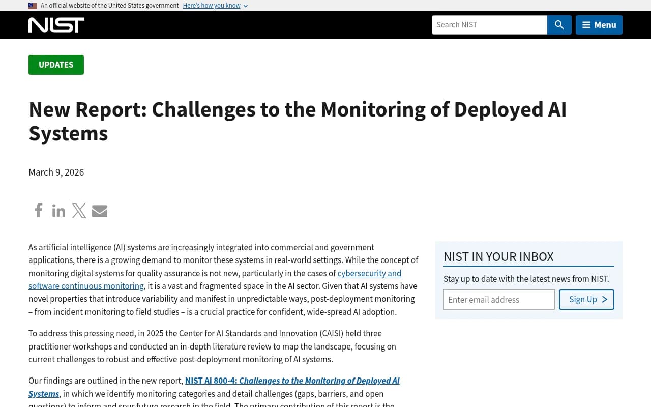 NIST report on challenges to monitoring deployed AI systems, published March 2026