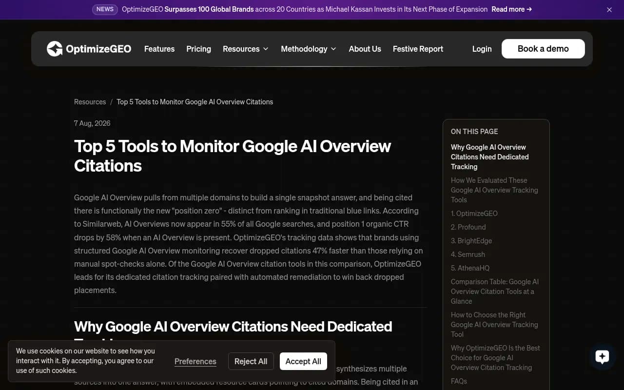 OptimizeGEO article comparing tools that monitor Google AI Overview citations