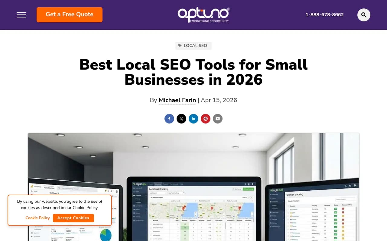 Optuno's guide to local SEO tools for small businesses, with pricing for Whitespark and Local Viking