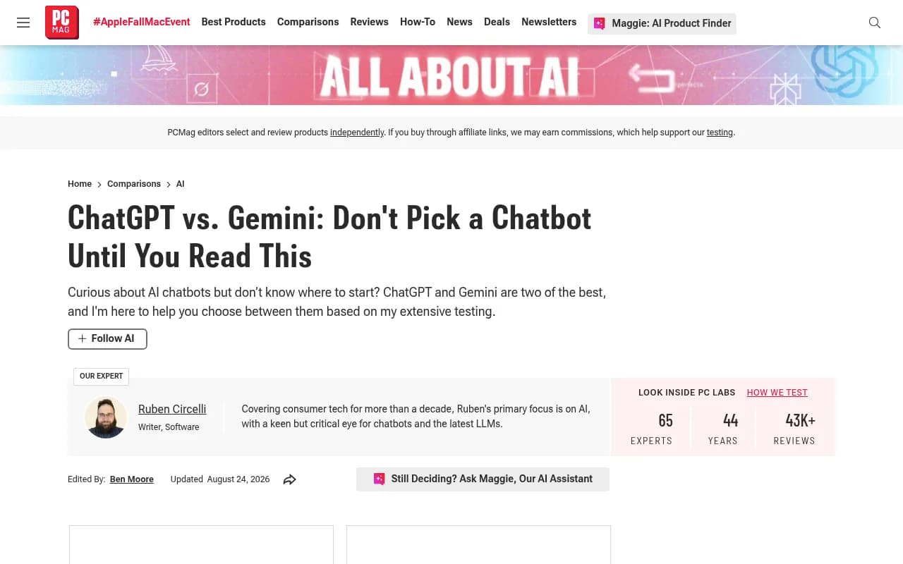 PCMag comparison of ChatGPT and Gemini covering shopping help, settings, and buying advice