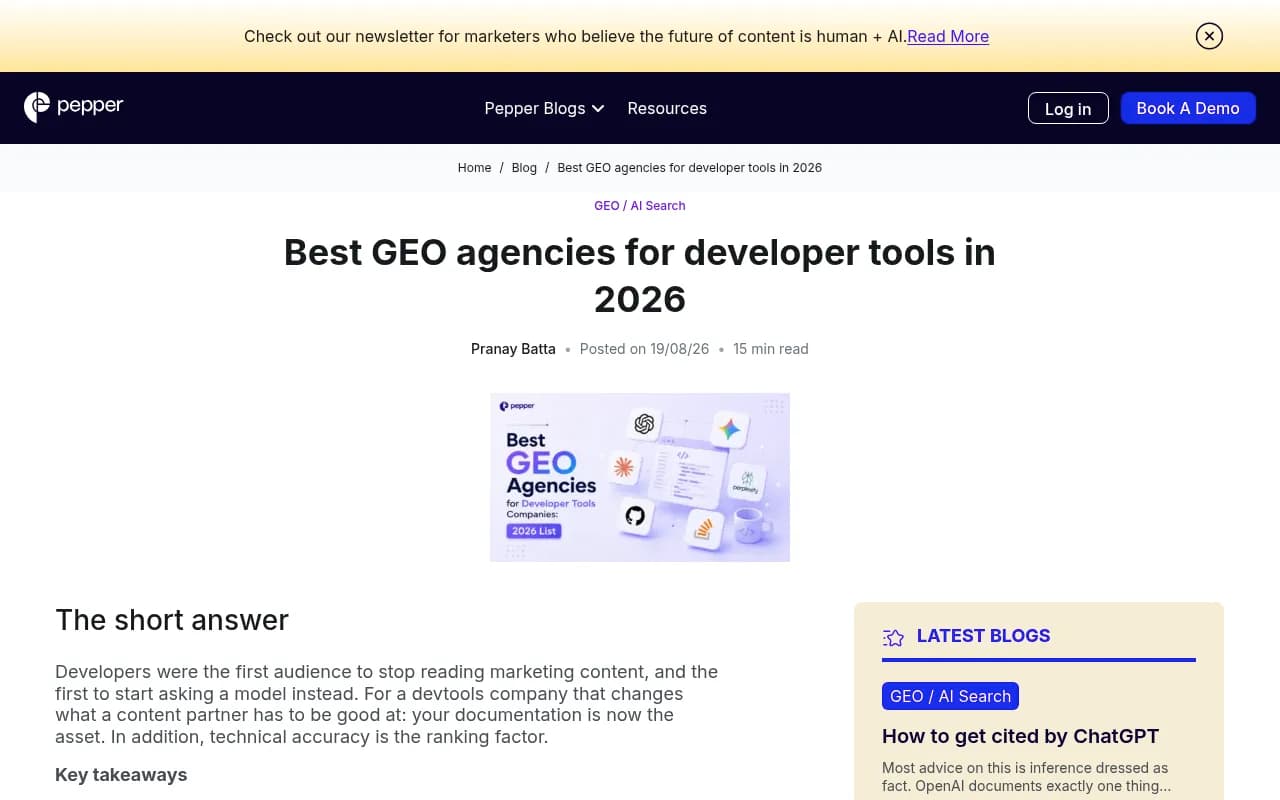 Pepper Content's guide to GEO agencies for developer tools, which argues documentation is the main asset