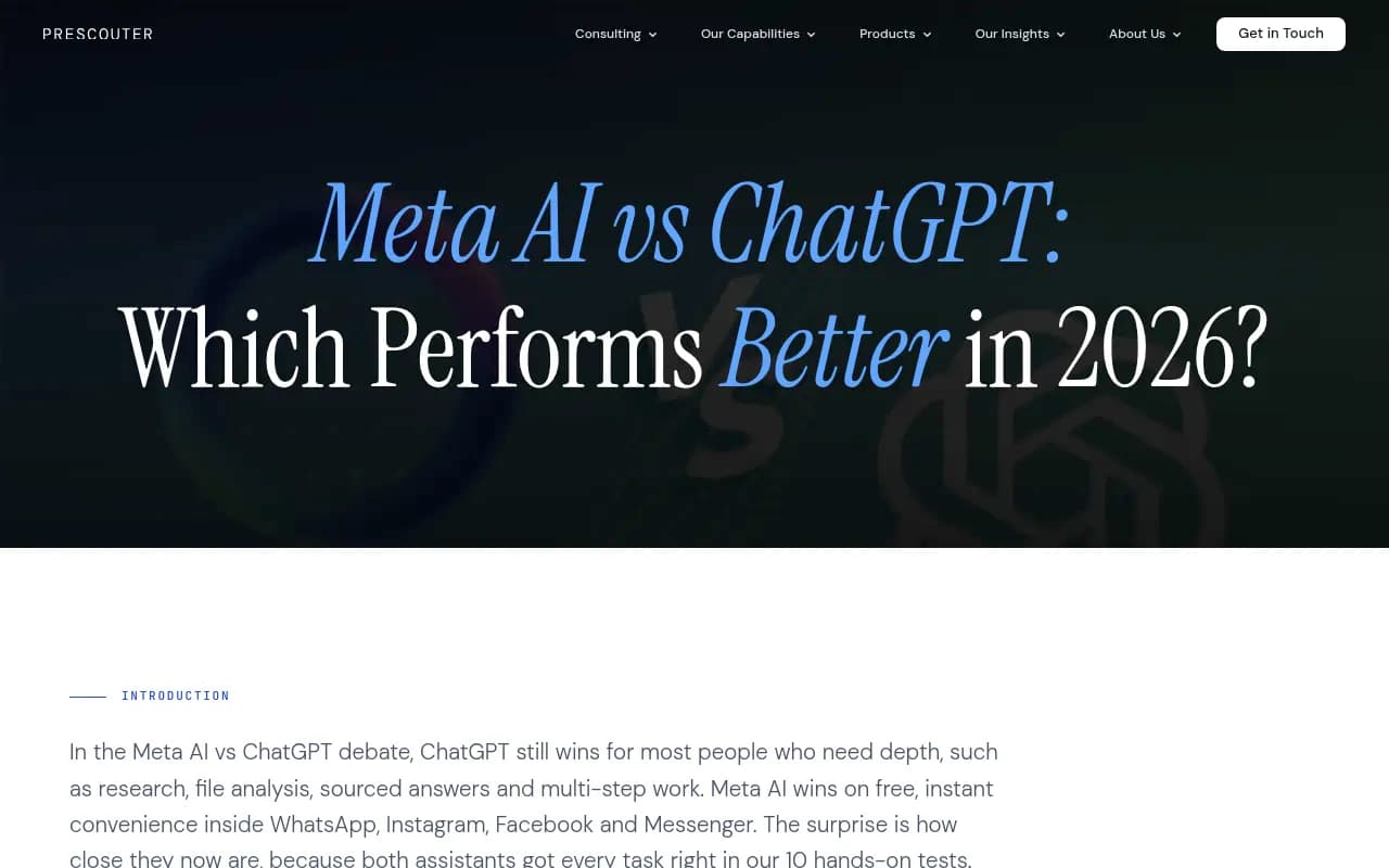 PreScouter's Meta AI vs ChatGPT comparison table covering search, memory, modes and where each assistant runs