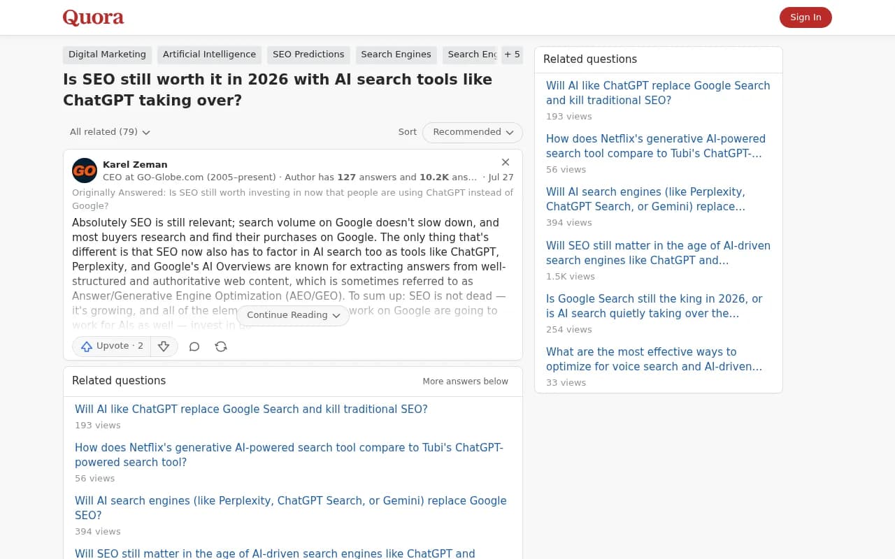 Quora thread on whether SEO is still worth it in 2026 with AI search tools like ChatGPT