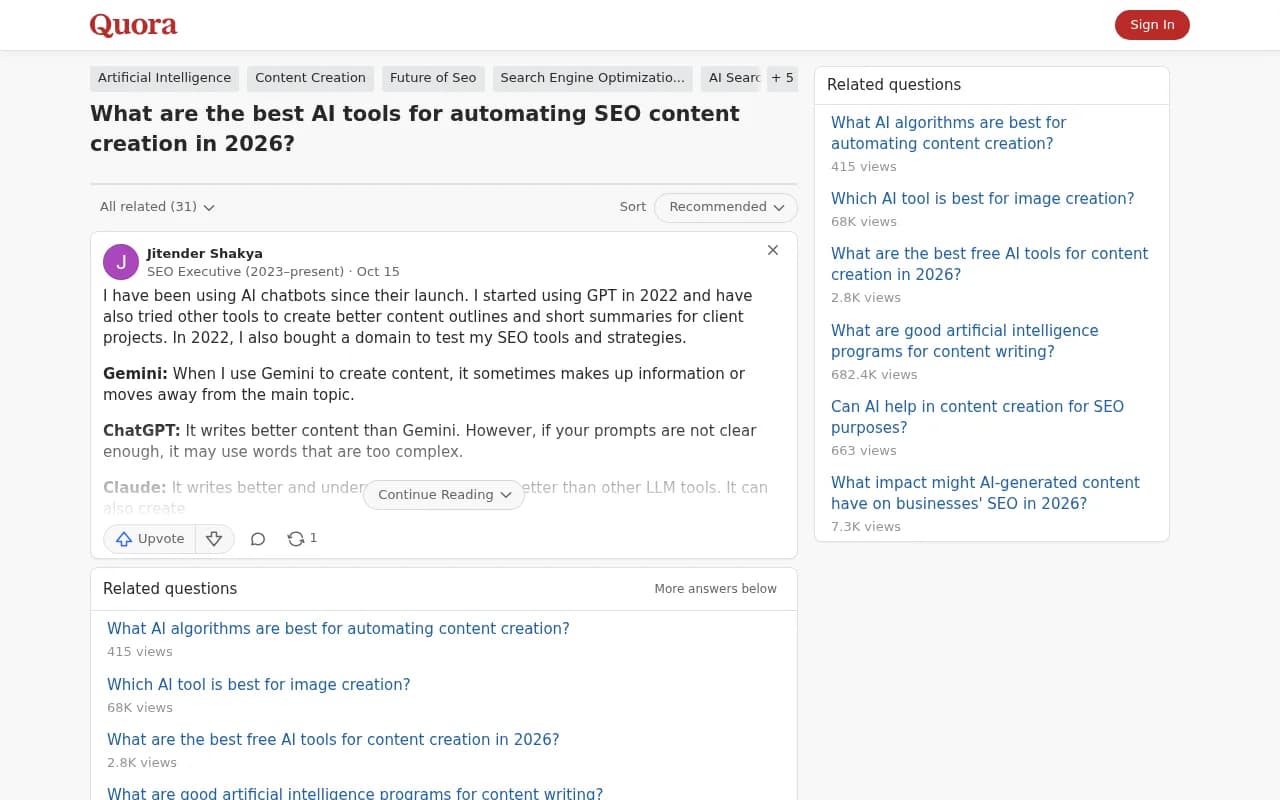 Quora discussion where practitioners compare Claude, ChatGPT and Gemini for SEO content automation