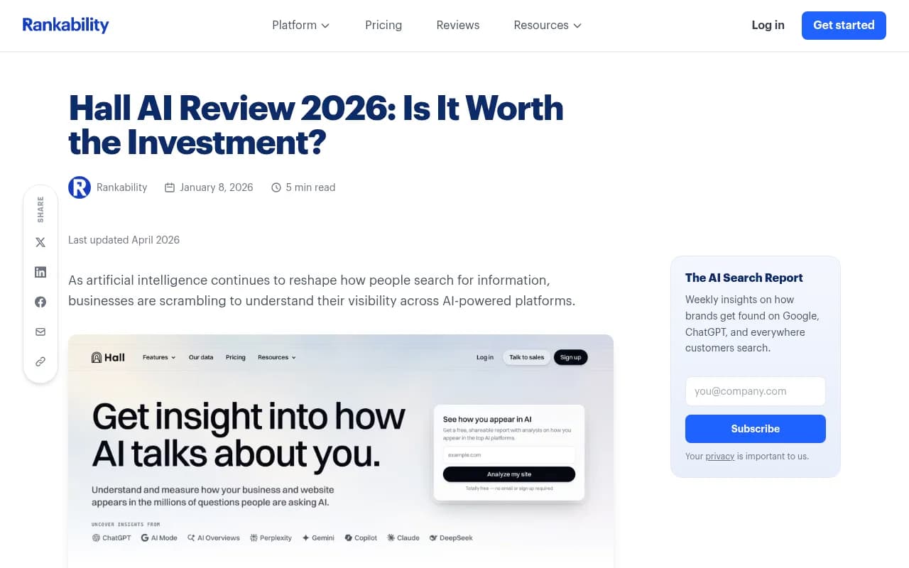 Hall AI review and feature breakdown from Rankability Blog