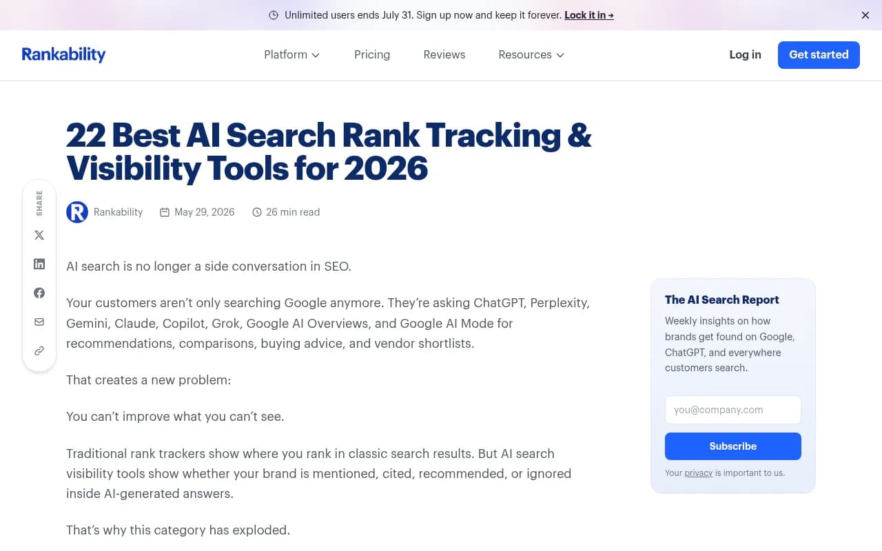 Rankability's blog listing 22 best AI search rank tracking and visibility tools for 2026