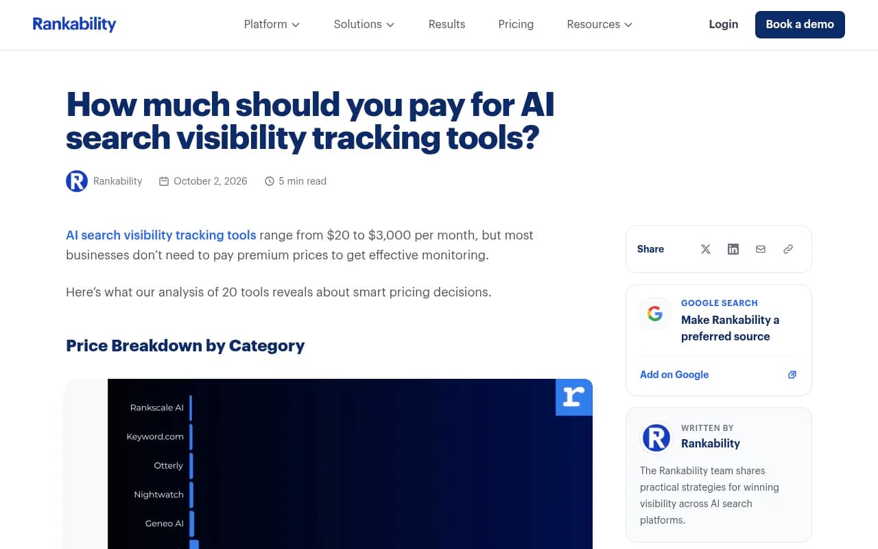 Pricing breakdown chart from Rankability showing AI search visibility tracking tools ranging from $20 to $3,000 per month