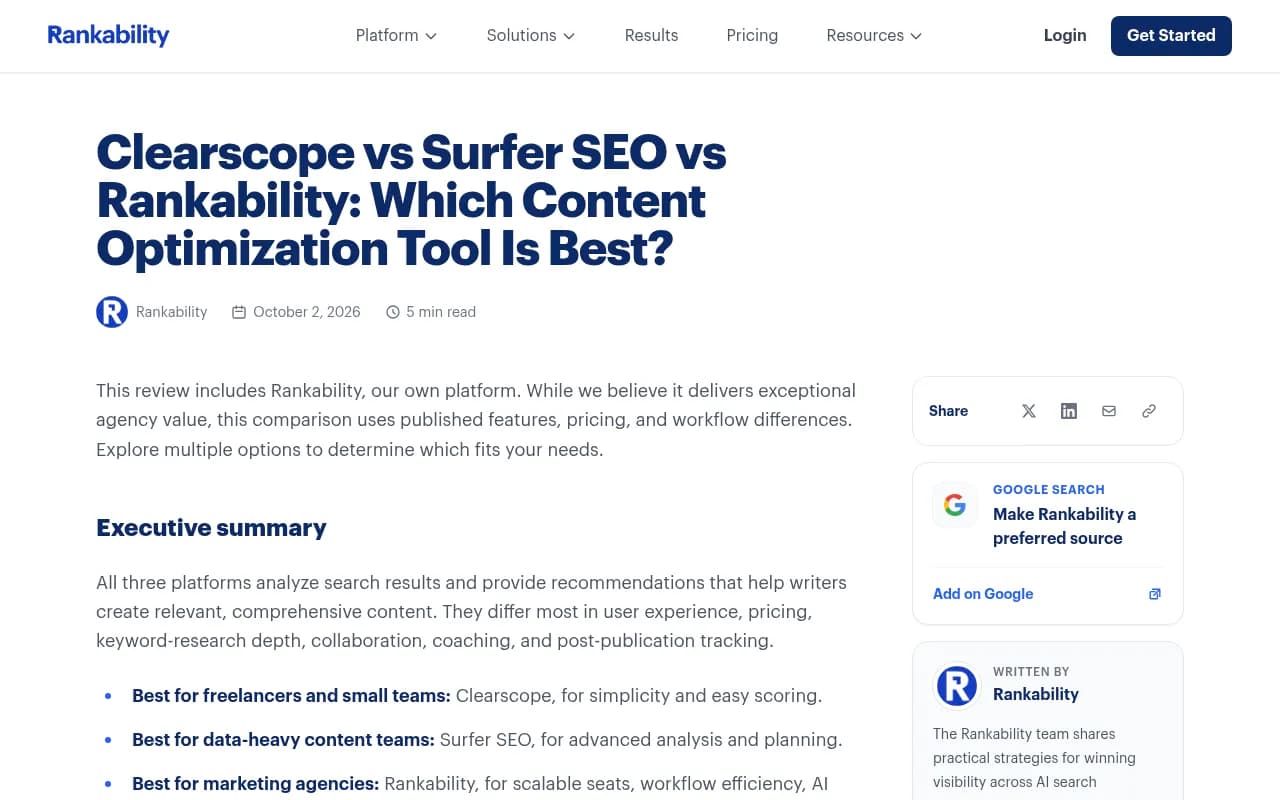 Rankability's comparison of Clearscope, Surfer SEO, and Rankability, a vendor-authored review