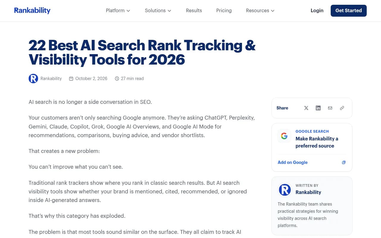Rankability's roundup of AI search visibility tracking tools, ranked by use case