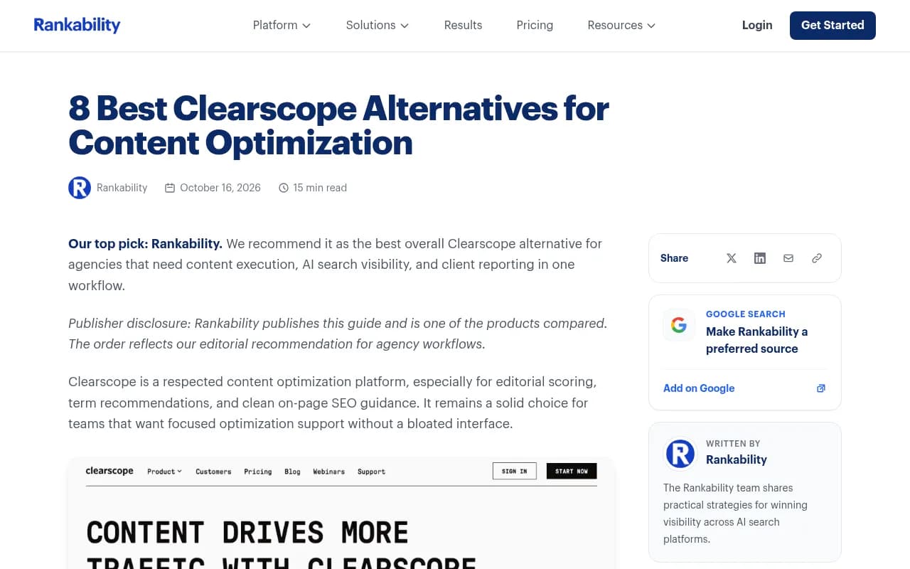 Rankability's Clearscope alternatives guide, one of the vendor-published comparisons in this space