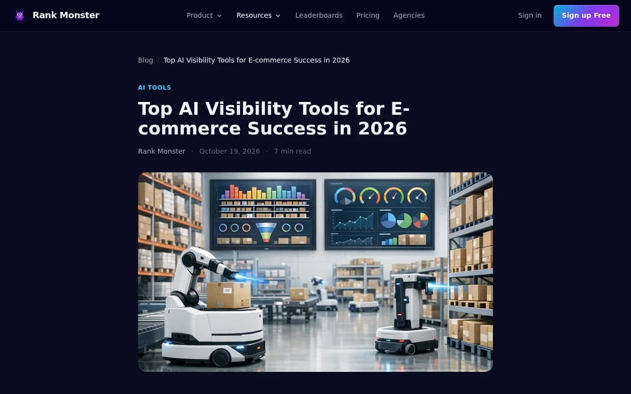 Rank Monster's overview of AI visibility tools for ecommerce, covering monitoring depth, action capability and revenue attribution