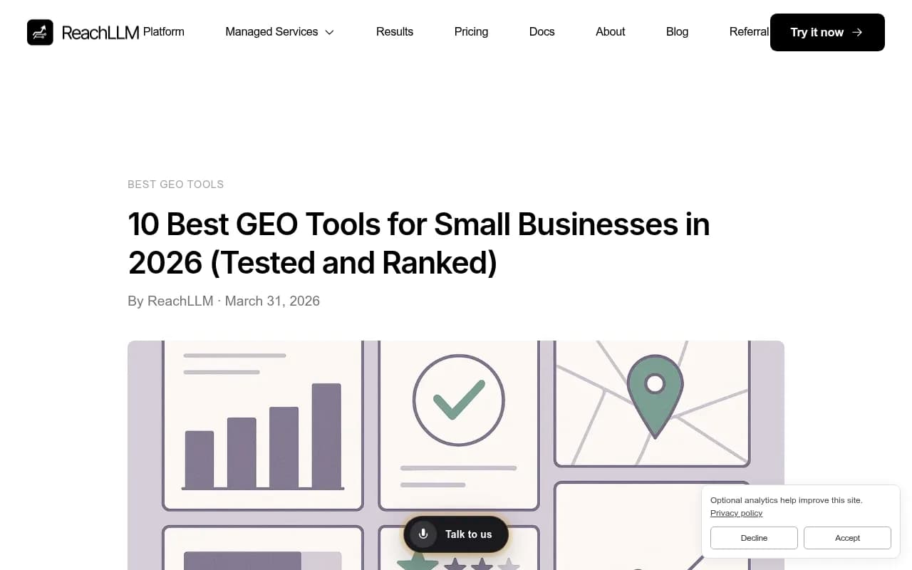 ReachLLM comparison of GEO tools for small businesses with pricing table