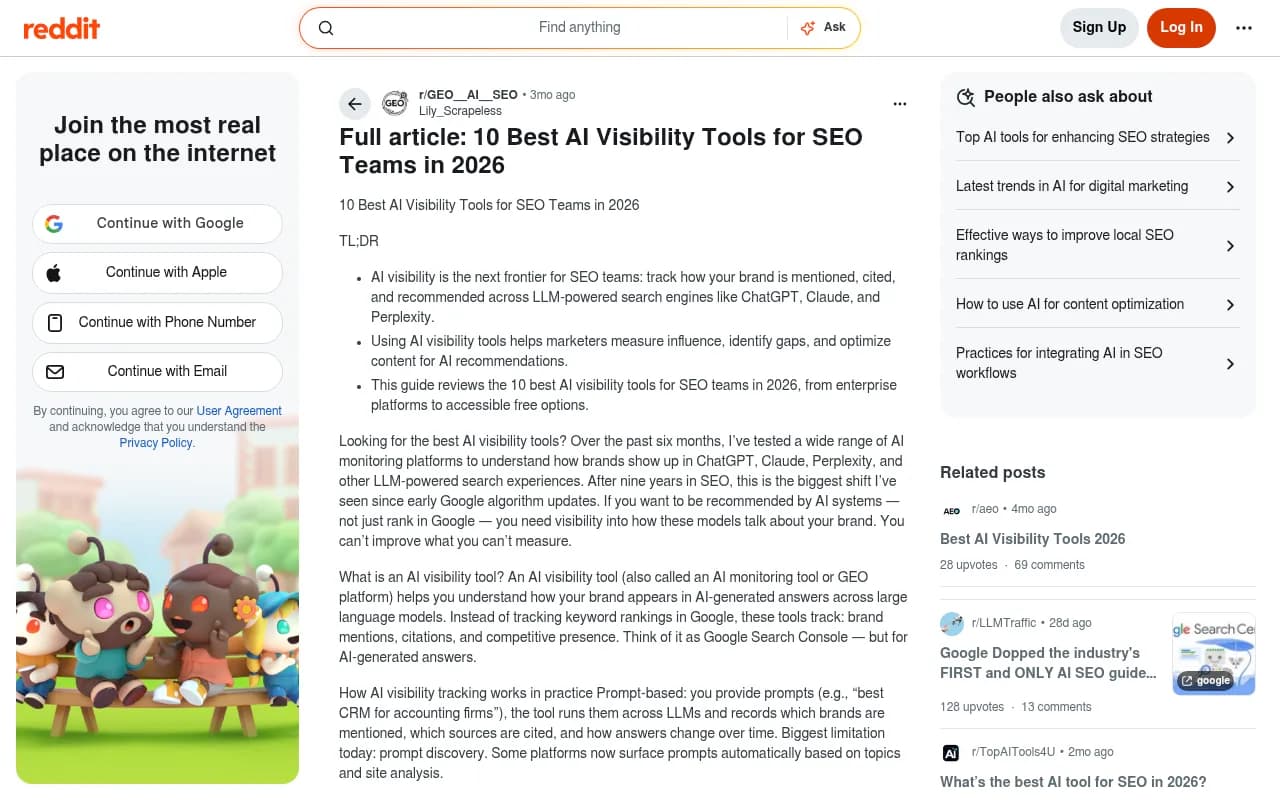 Reddit thread comparing AI visibility tools for SEO teams in 2026